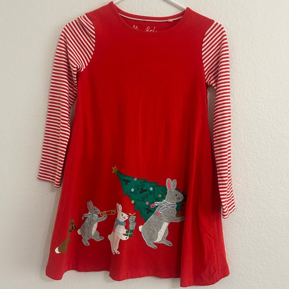 Mini Boden Girls Christmas Red Dress Bunny Christmas Tree 8-9Y